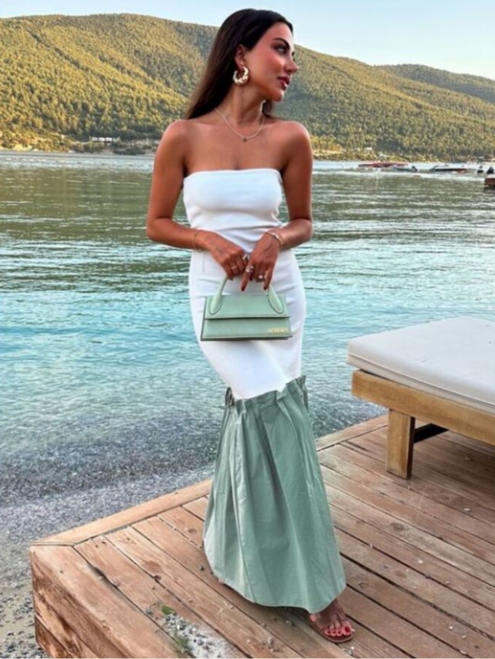 Zara NWT Strapless White and Mint Green Combination Mermaid hem midi Maxi Dress
